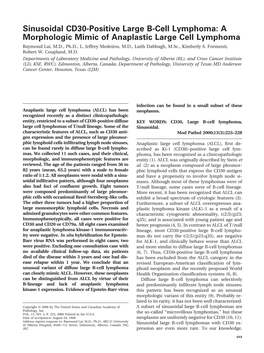 Sinusoidal CD30-Positive Large B-Cell Lymphoma: a Morphologic Mimic of Anaplastic Large Cell Lymphoma Raymond Lai, M.D., Ph.D., L