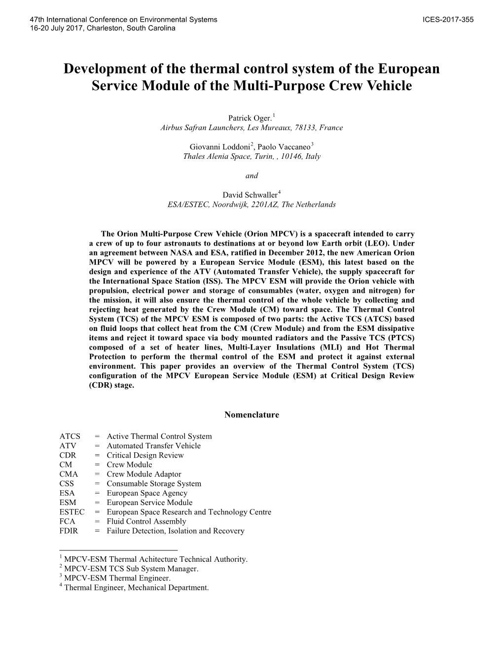 Development of the Thermal Control System of the European Service Module of the Multi-Purpose Crew Vehicle