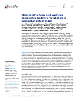 Mitochondrial Fatty Acid Synthesis Coordinates Oxidative Metabolism In