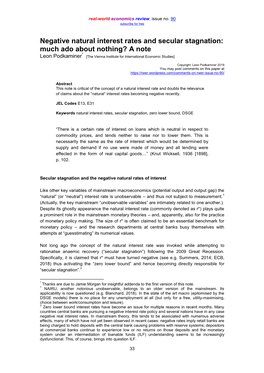 Negative Natural Interest Rates and Secular Stagnation: Much Ado About Nothing? a Note * Leon Podkaminer [The Vienna Institute for International Economic Studies]