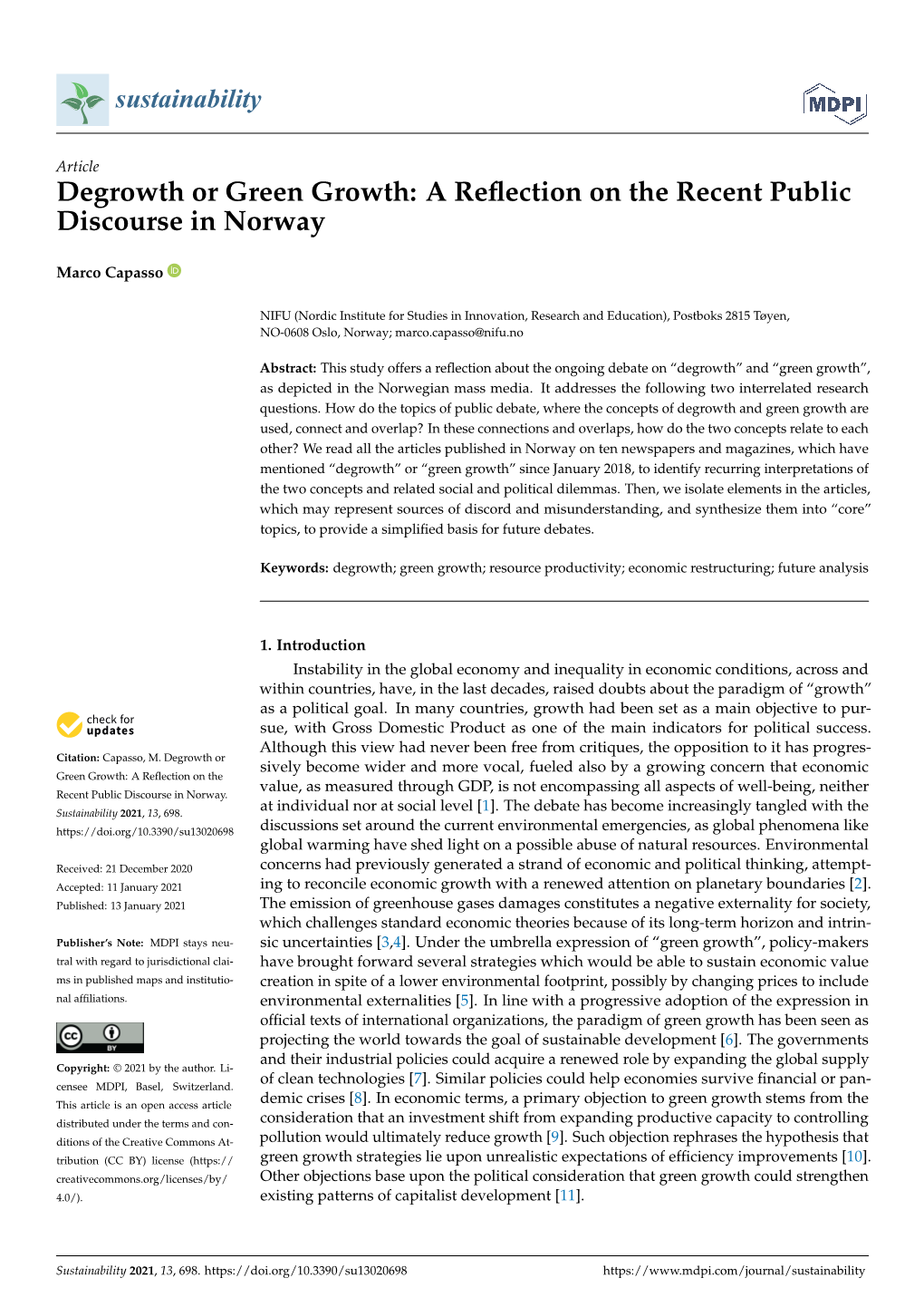 Degrowth Or Green Growth: a Reﬂection on the Recent Public Discourse in Norway