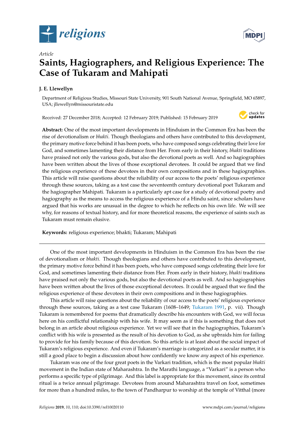 Saints, Hagiographers, and Religious Experience: the Case of Tukaram and Mahipati