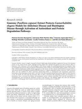 Research Article Guarana (Paullinia Cupana) Extract Protects Caenorhabditis Elegans Models for Alzheimer Disease and Huntington