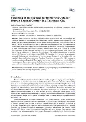 Screening of Tree Species for Improving Outdoor Human Thermal Comfort in a Taiwanese City