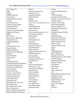 Blue Sky Footage Client List List of Blue Sky Footage Clients | Sales@Blueskyfotoage.Com | (310) 305-8384 | Itchy Fingers Films, Inc