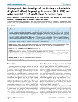 Phylogenetic Relationships of the Marine Haplosclerida (Phylum Porifera) Employing Ribosomal (28S Rrna) and Mitochondrial (Cox1, Nad1) Gene Sequence Data