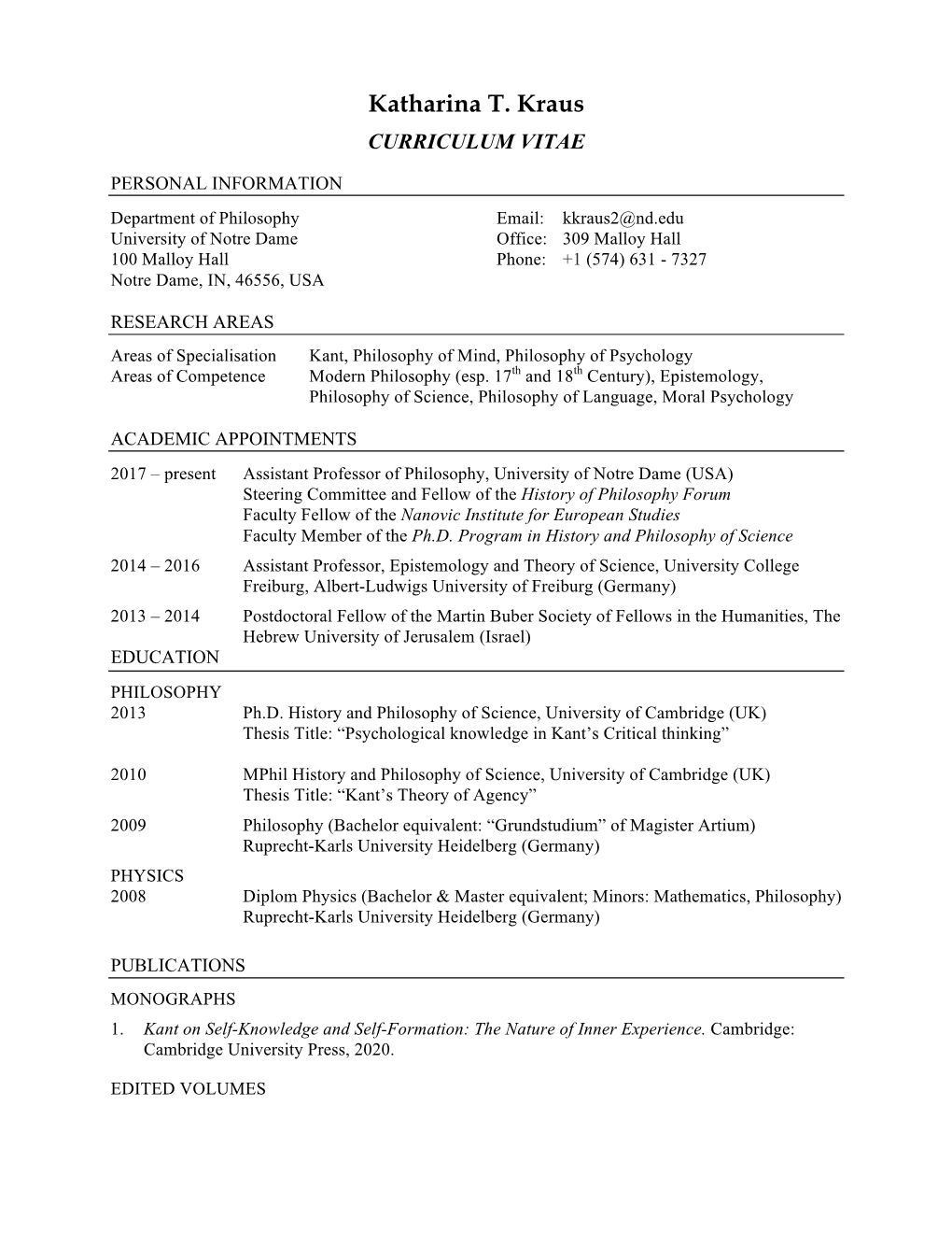 Katharina T. Kraus CURRICULUM VITAE