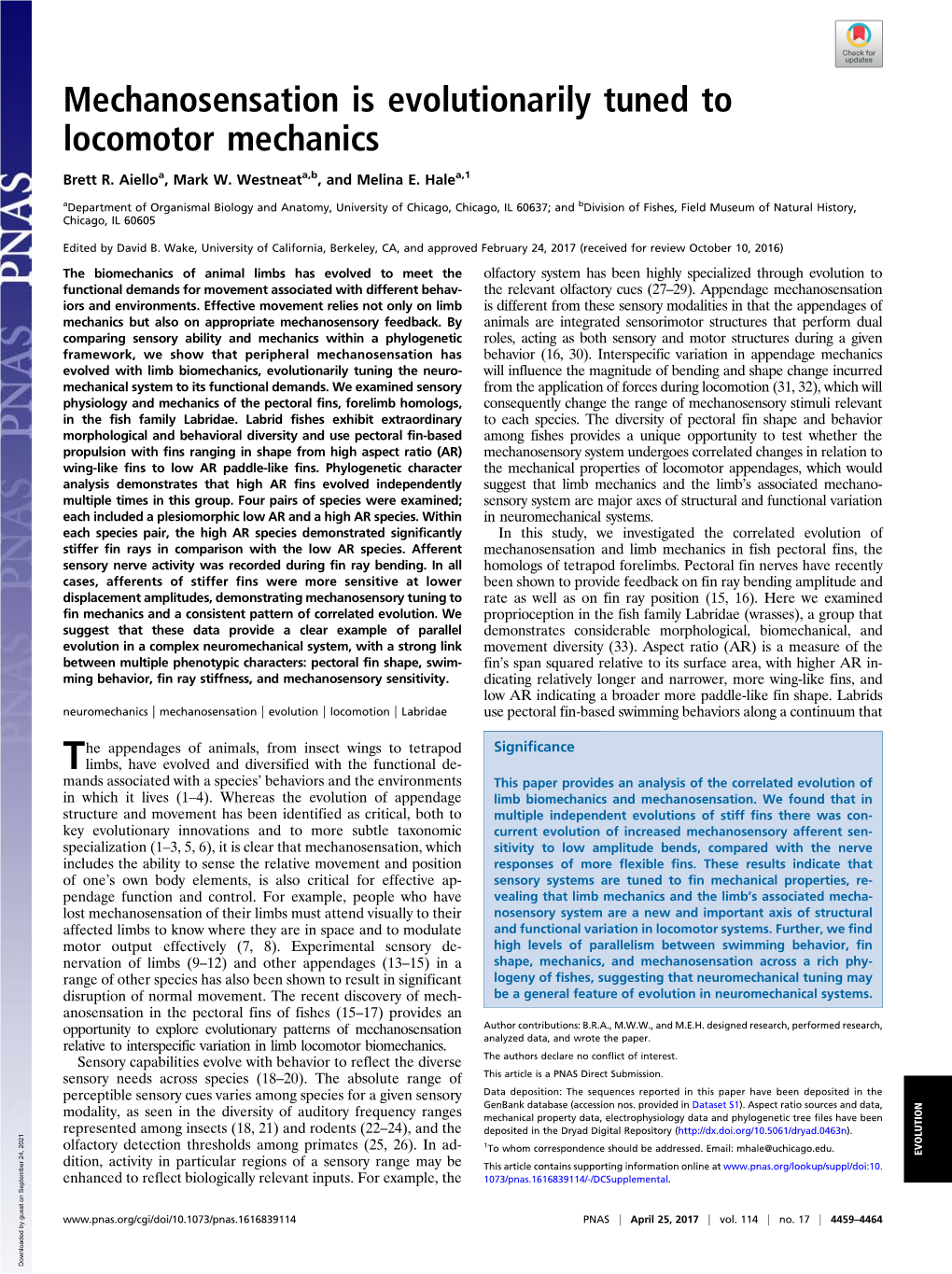 Mechanosensation Is Evolutionarily Tuned to Locomotor Mechanics