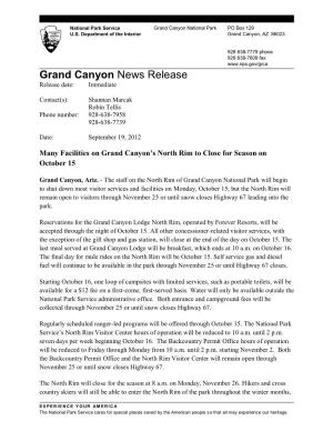Grand Canyon News Release Release Date: Immediate