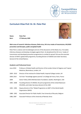 Curriculum Vitae Prof. Dr. Dr. Peter Piot