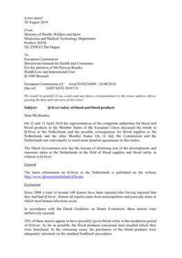 Letter Dated: 20 August 2010 From: Ministry of Health, Welfare And