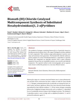 Bismuth (III) Chloride Catalyzed Multicomponent Synthesis of Substituted Hexahydroimidazo[1, 2-A]Pyridines