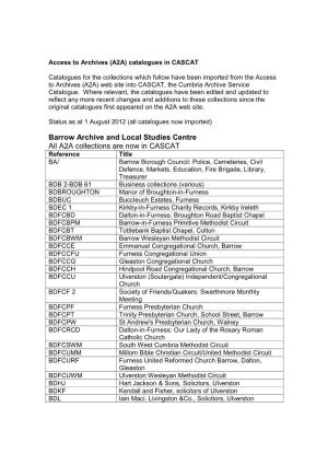 A2A Collections in CASCAT: Cumbria Archive Service Catalogue