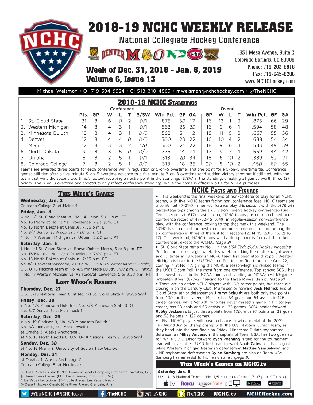 2018-19 NCHC WEEKLY RELEASE National Collegiate Hockey Conference 1631 Mesa Avenue, Suite C Colorado Springs, CO 80906 Phone: 719-203-6818 Week of Dec