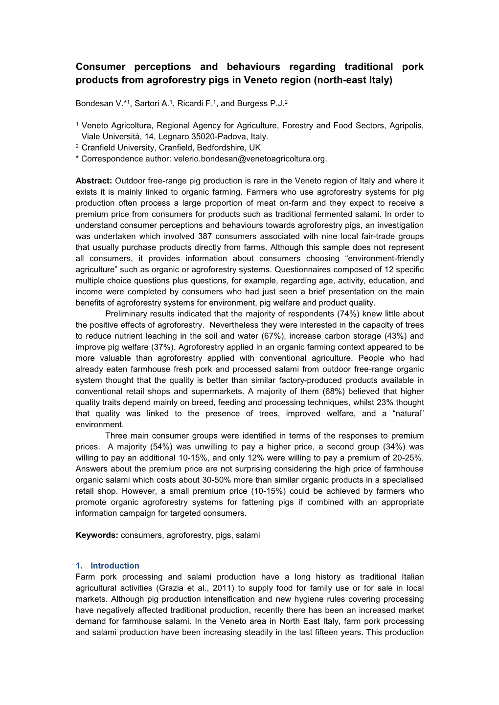 Consumer Perceptions and Behaviours Regarding Traditional Pork Products from Agroforestry Pigs in Veneto Region (North-East Italy)