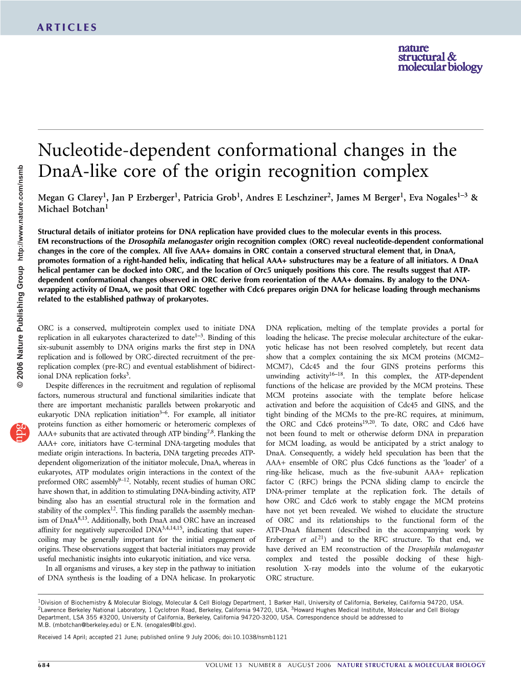 Nucleotide-Dependent Conformational Changes in the Dnaa-Like Core of the Origin Recognition Complex