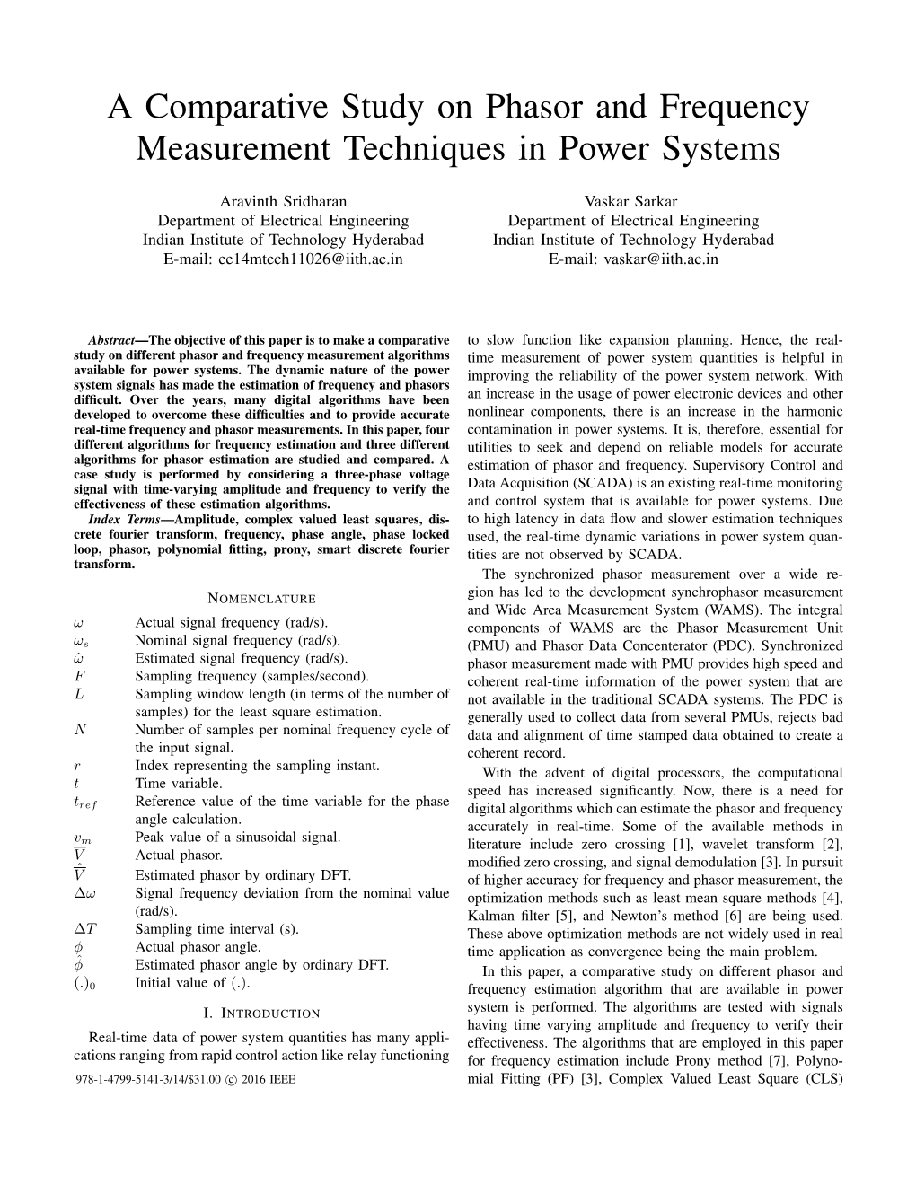A Comparative Study on Phasor and Frequency Measurement Techniques in Power Systems