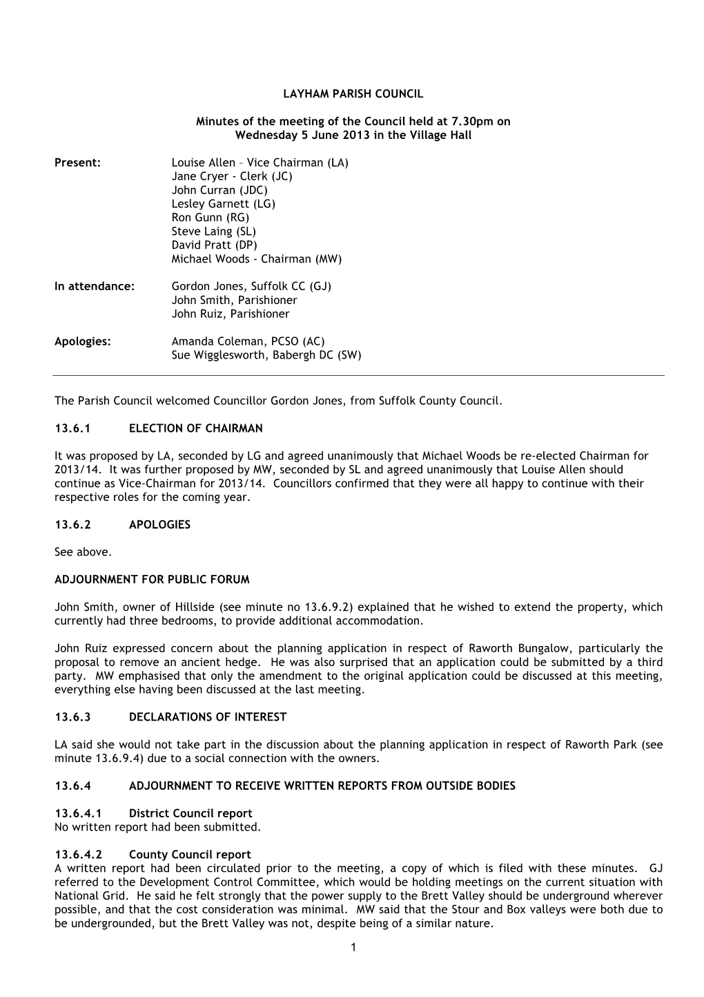 Minutes of Layham Parish Council Meeting 5 June 2013