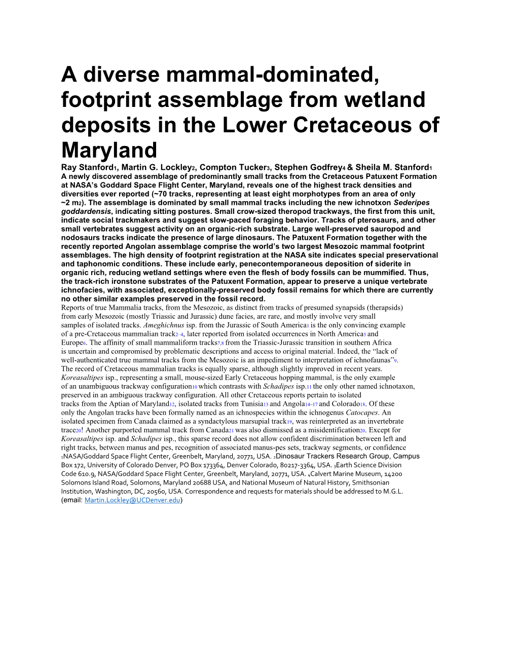 A Diverse Mammal-Dominated, Footprint Assemblage from Wetland Deposits in the Lower Cretaceous of Maryland Ray Stanford1, Martin G