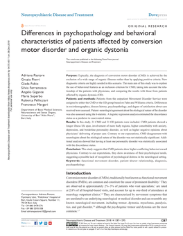 Differences in Psychopathology and Behavioral Characteristics of Patients Affected by Conversion Motor Disorder and Organic Dystonia
