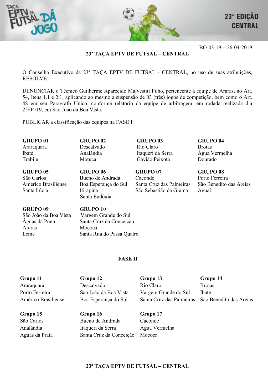 CENTRAL O Conselho Executivo Da 23ª TAÇA EPTV DE FUTSAL