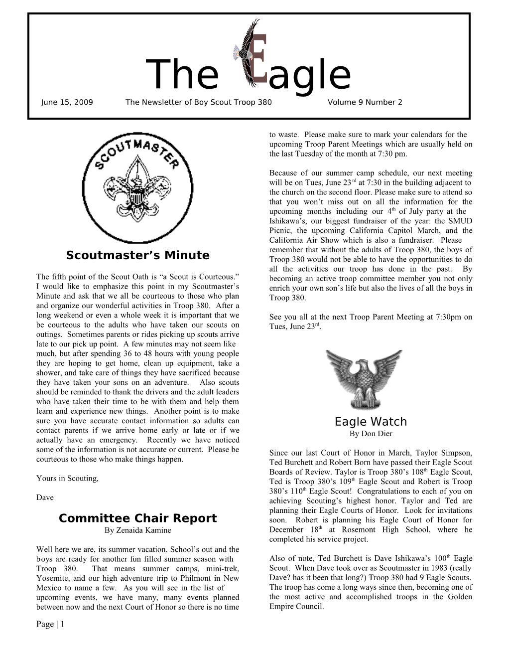 The Agle June 15, 2009 the Newsletter of Boy Scout Troop 380 Volume 9 Number 2