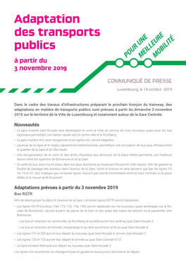 Adaptation Des Transports Publics À Partir Du POUR UNEMEILLEUREMOBILITÉ 3 Novembre 2019 COMMUNIQUÉ DE PRESSE