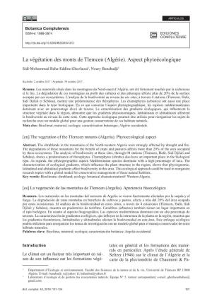 La Végétation Des Monts De Tlemcen (Algérie). Aspect Phytoécologique