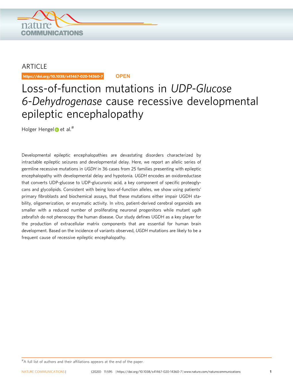 Loss-Of-Function Mutations in UDP-Glucose 6-Dehydrogenase Cause Recessive Developmental Epileptic Encephalopathy