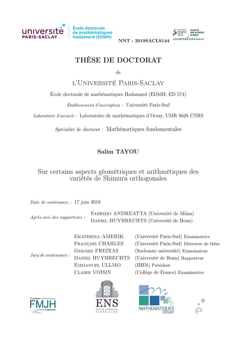 THÈSE DE DOCTORAT L'université Paris-Saclay Sur Certains Aspects