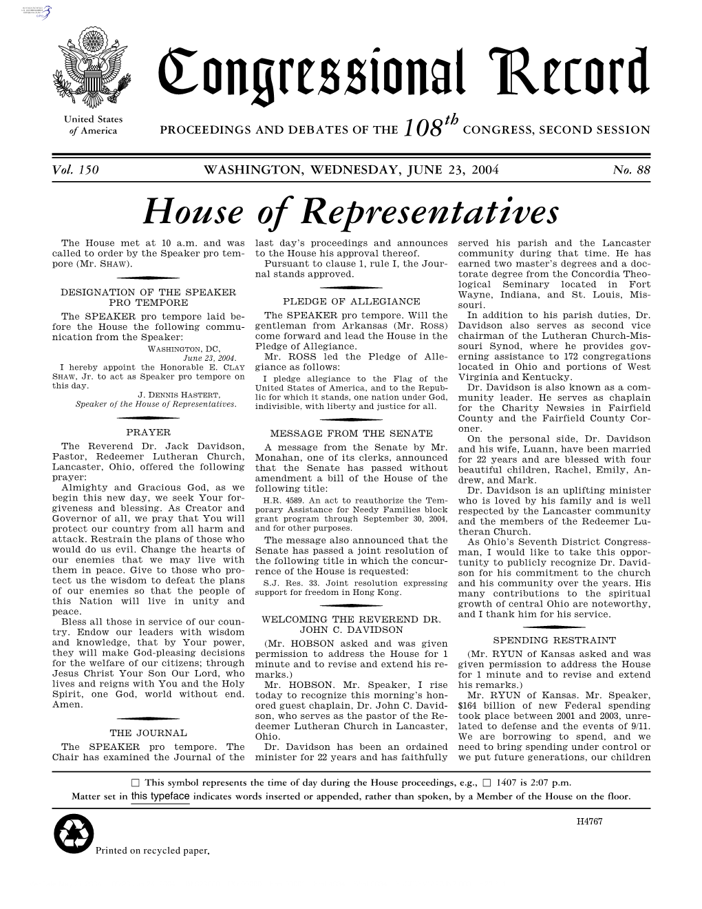 Congressional Record United States Th of America PROCEEDINGS and DEBATES of the 108 CONGRESS, SECOND SESSION