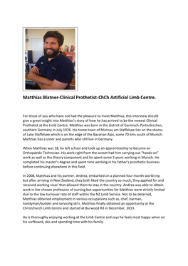 Matthias Blatner-Clinical Prothetist-Chch Artificial Limb Centre
