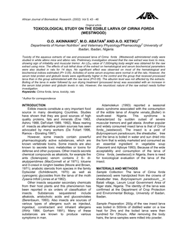 Toxicological Study on the Edible Larva of Cirina Forda (Westwood)