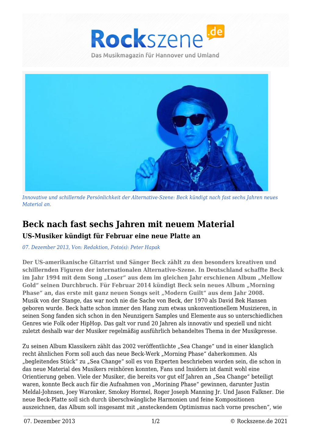 Beck Nach Fast Sechs Jahren Mit Neuem Material US-Musiker Kündigt Für Februar Eine Neue Platte An