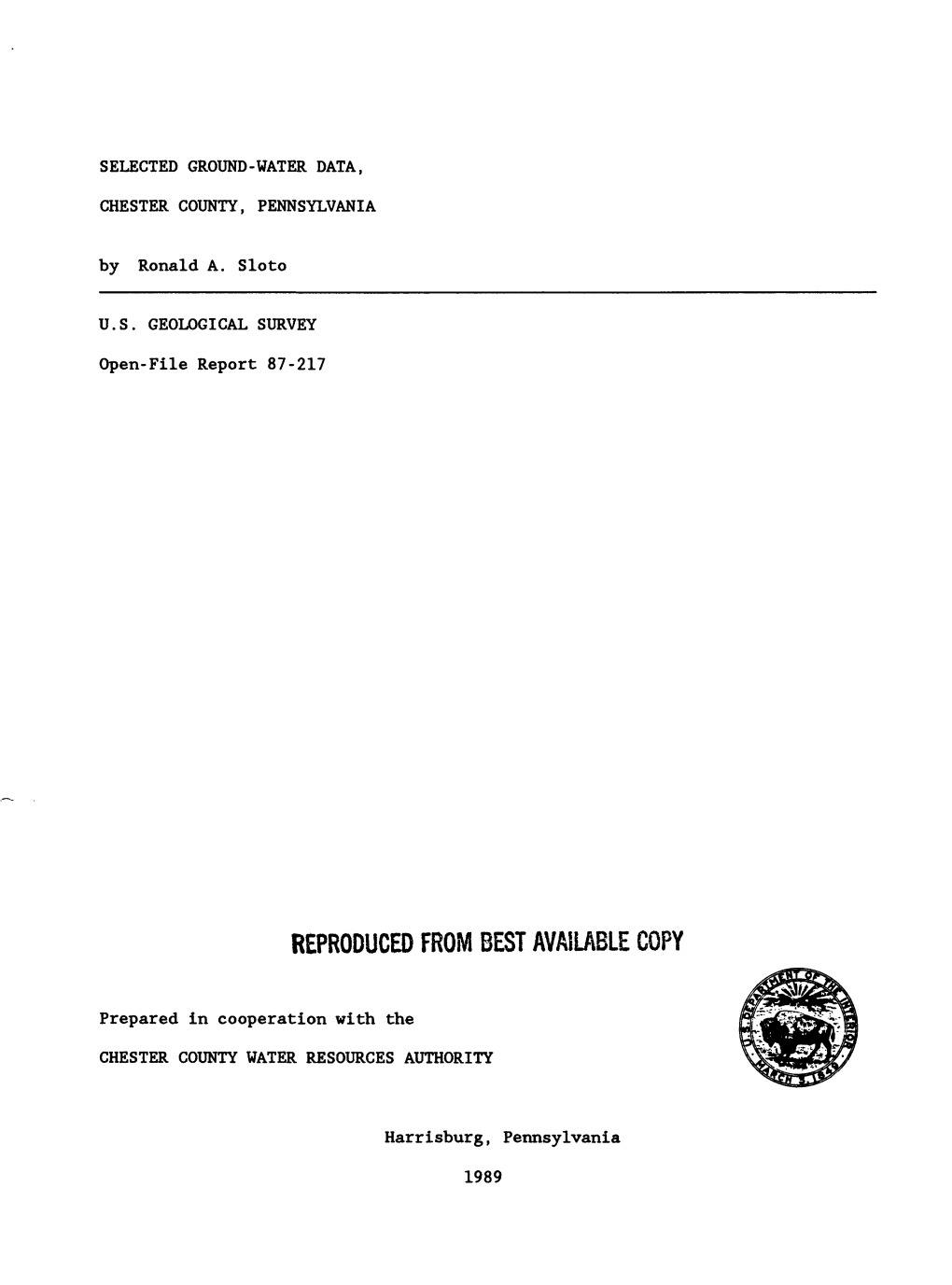 Selected Ground-Water Data, Chester County, Pennsylvania