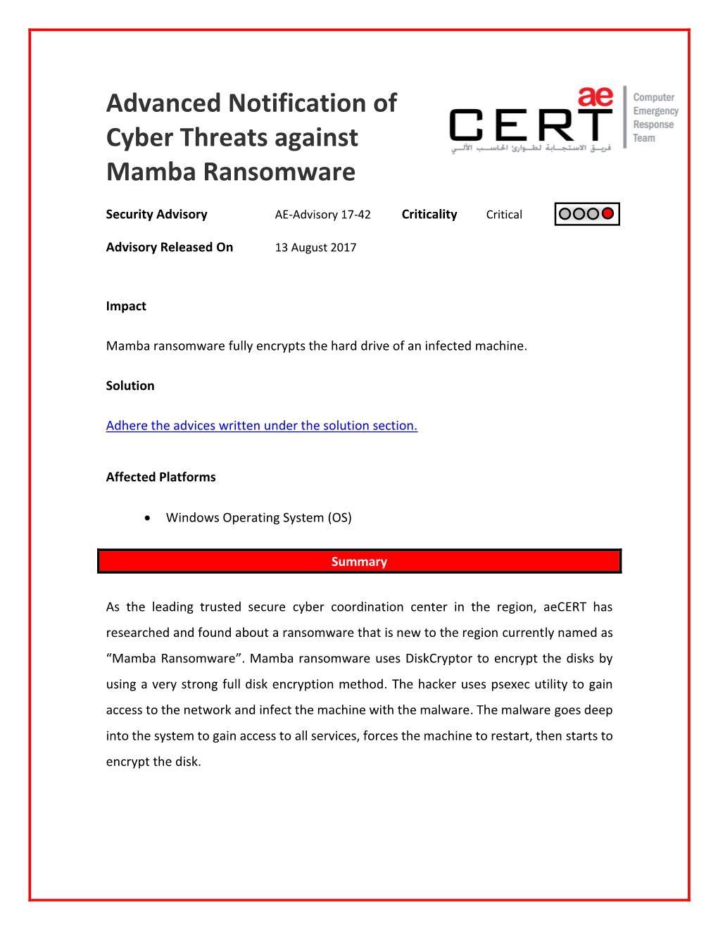 Advanced Notification of Cyber Threats Against Mamba Ransomware