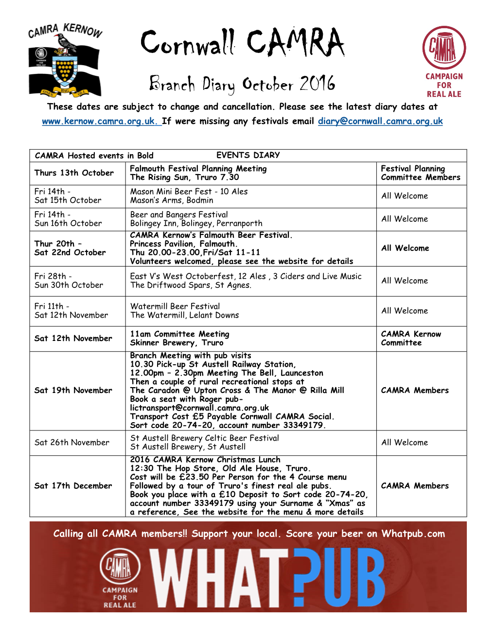 Branch Diary October 2016 These Dates Are Subject to Change and Cancellation