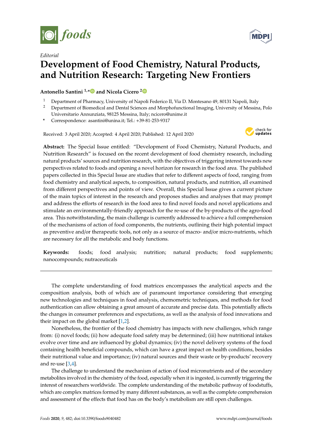 Development of Food Chemistry, Natural Products, and Nutrition Research: Targeting New Frontiers