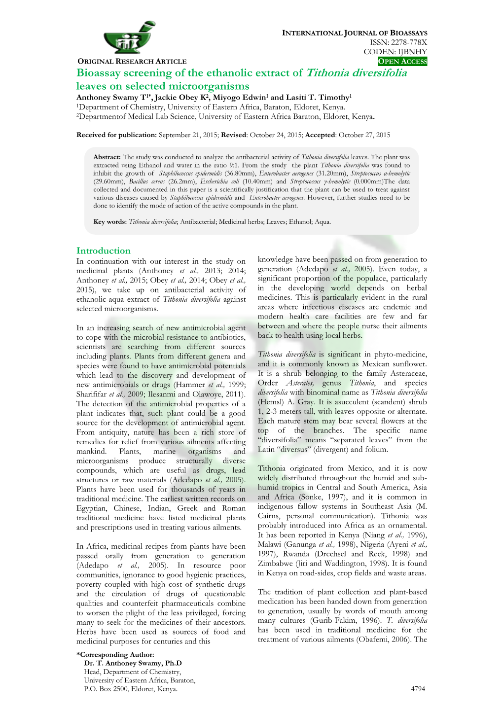 Bioassay Screening of the Ethanolic Extract of Tithonia Diversifolia