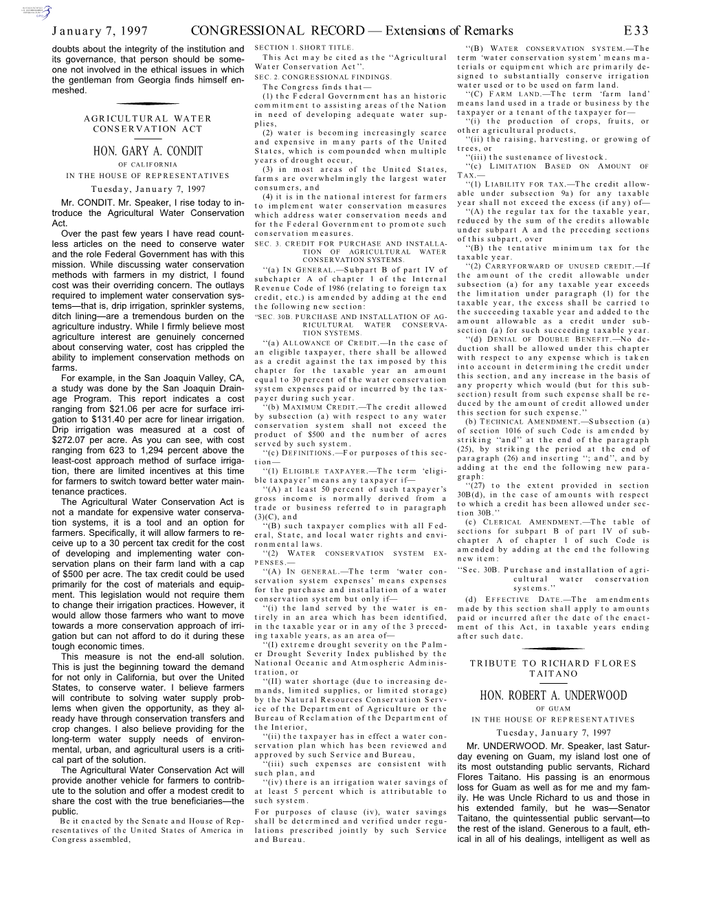 CONGRESSIONAL RECORD— Extensions of Remarks E33 HON. GARY A. CONDIT HON. ROBERT A. UNDERWOOD