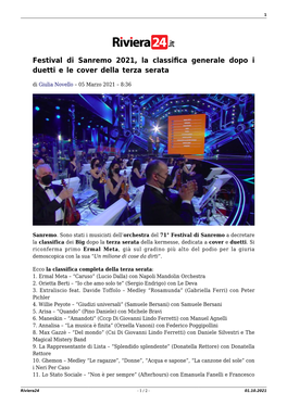 Festival Di Sanremo 2021, La Classifica Generale Dopo I Duetti E Le Cover