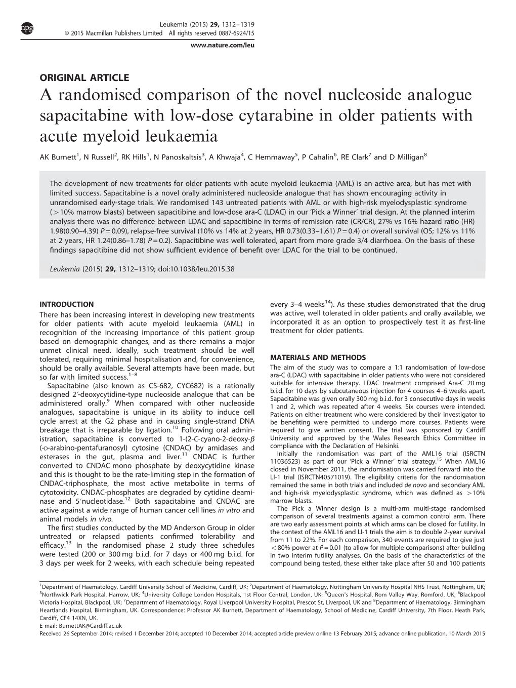A Randomised Comparison of the Novel Nucleoside Analogue Sapacitabine with Low-Dose Cytarabine in Older Patients with Acute Myeloid Leukaemia