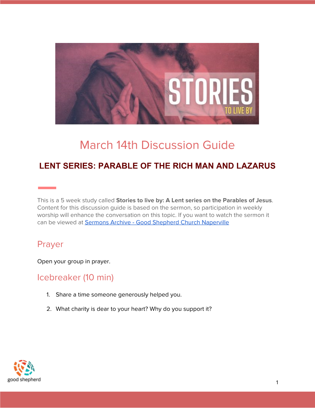 March 14Th Discussion Guide LENT SERIES: PARABLE of the RICH MAN and LAZARUS