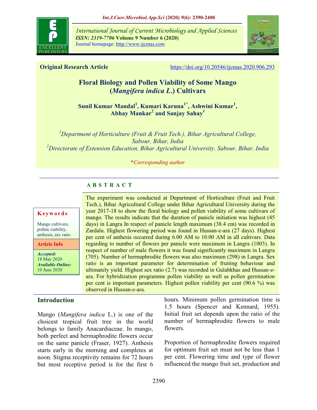 Floral Biology and Pollen Viability of Some Mango (Mangifera Indica L.) Cultivars