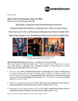 Quick Take for Thursday, Sept. 24, 2020 (National Live+3 Day Program Ratings)