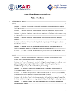 Leadership and Governance Indicators Table of Contents