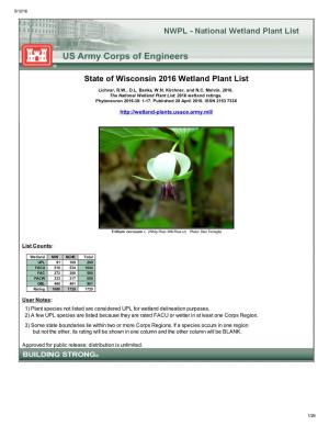 State of Wisconsin 2016 Wetland Plant List