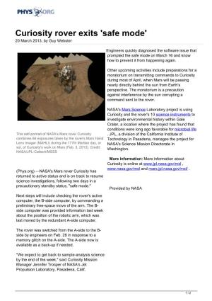Curiosity Rover Exits 'Safe Mode' 20 March 2013, by Guy Webster