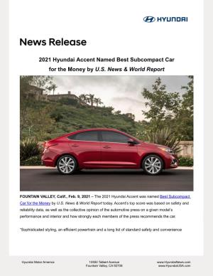 2021 Hyundai Accent Named Best Subcompact Car for the Money by U.S