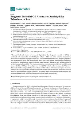 Bergamot Essential Oil Attenuates Anxiety-Like Behaviour in Rats